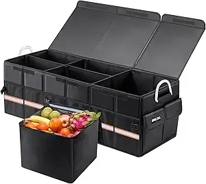 Large 100L Foldable Car Trunk Organizer with 5 Compartments + Separate 26L Detachable Insulated Cooler - Durable 1680D Oxford Cloth for Car & SUV Storage (Black)