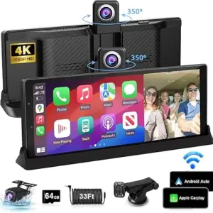 【350° Rotatable Lens】10.26''Wireless Apple CarPlay Screen for Car & 4K Dash Cam Portable Android Auto Car Stereo, Car Audio Receivers 1080P Backup Camera, Bluetooth/GPS Navigation/AirPlay/Googel/Siri