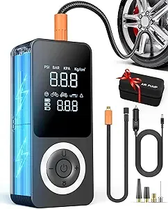 Cordless Tire Inflator Portable Air Compressor, 150 PSI Air Pump with Rechargeable Battery, Tire Pressure Gauge, 12V Car Power Adapter, Smart Air Pump for Car, Motorcycle, Bike, Ball